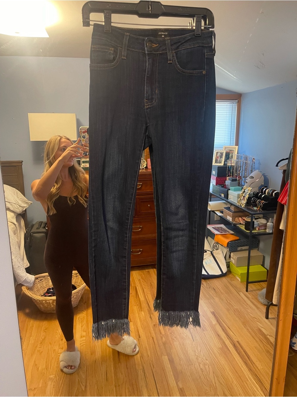 Just Black Dark Blue Frayed Hem Ankle Jeans